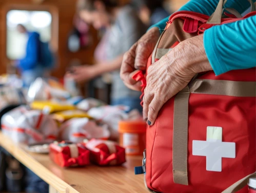 Health resources including first aid kit being packed on table
