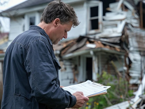 Man looking at paperwork in front of his storm-damaged house