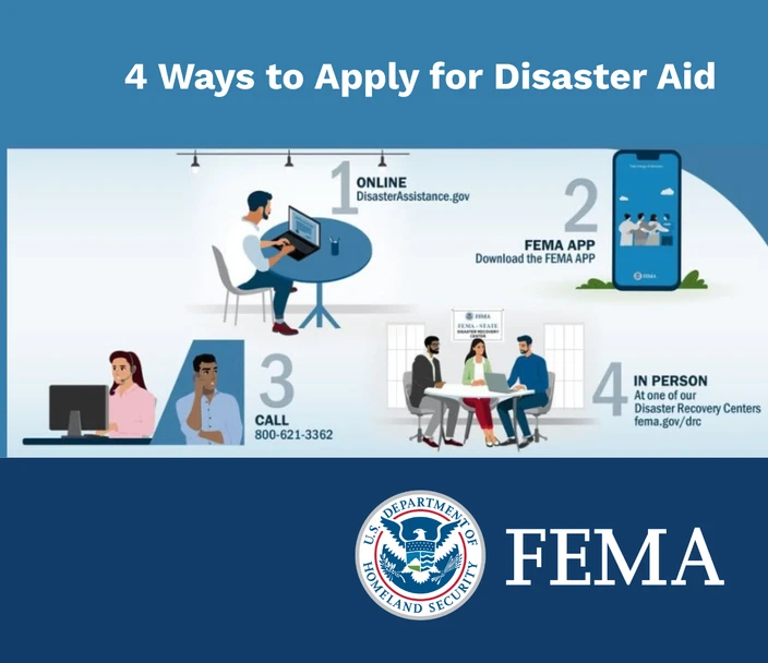 4 ways to apply for disaster assistance at DisasterAssistance.gov. Online, FEMA app, Call 800-621-3362, or In-person at a disaster recovery center.