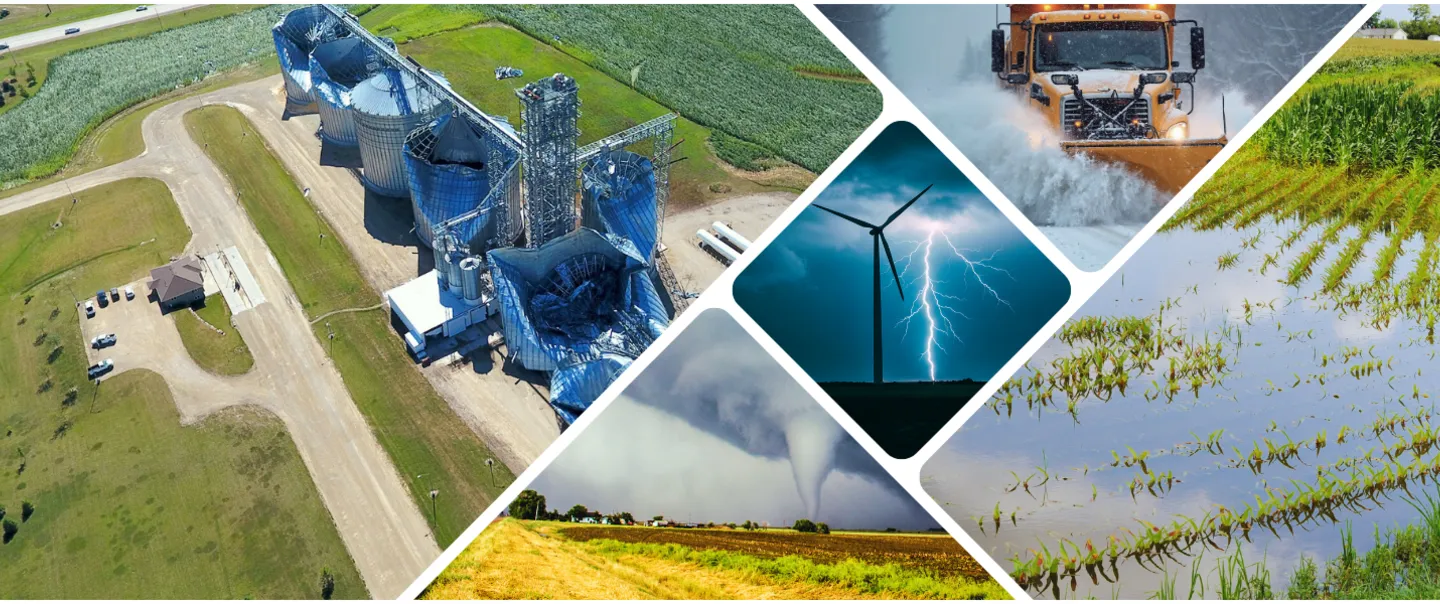 Collage of disaster scenes including tornado, lightning, blizzard, wind storm, and flooding.